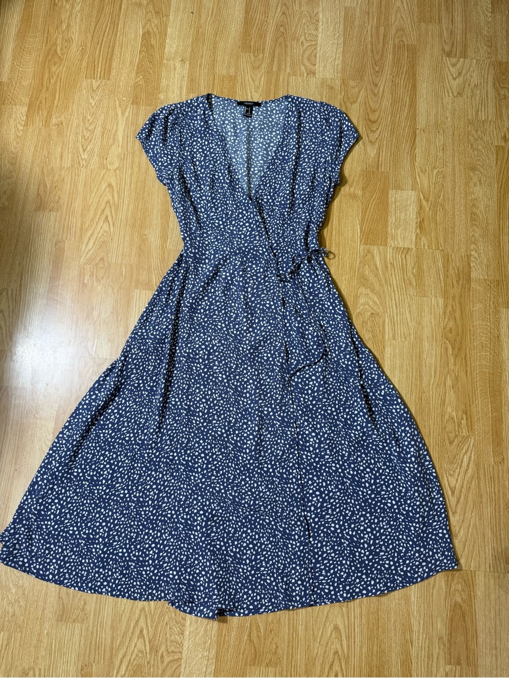 Forever 21 Navy Blue Wrap Midi Dress with White Dot Print - Size S